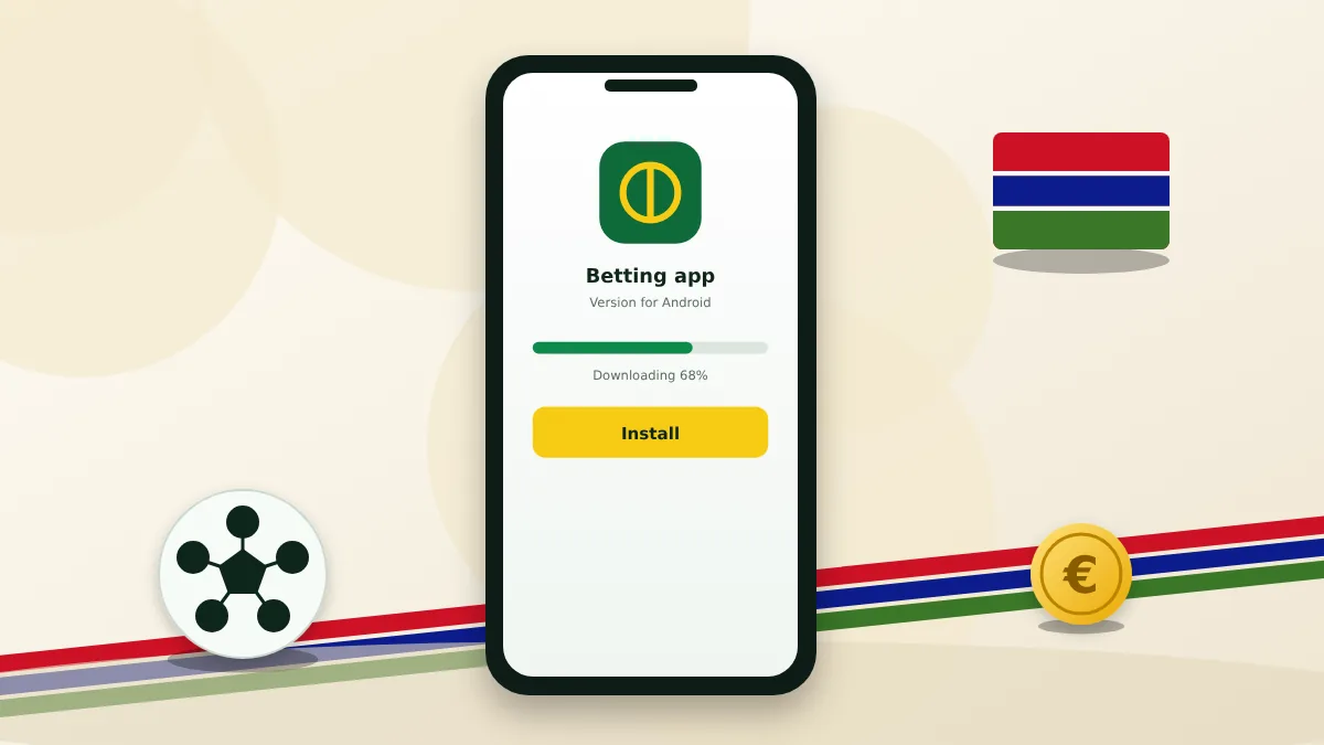 Phone downloading the app beside a football and the Gambian flag