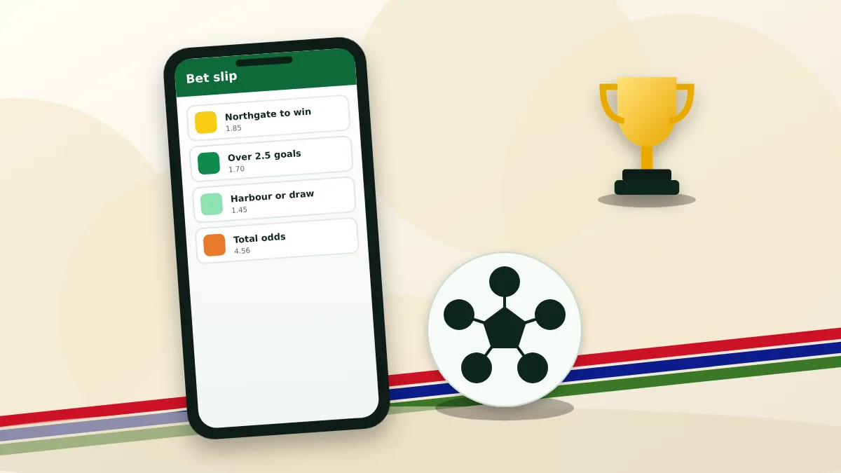 Phone with a three-selection bet slip beside a football and a trophy