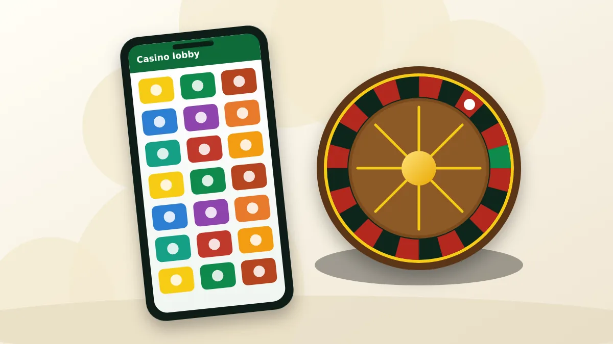 Phone with a casino lobby next to a roulette wheel