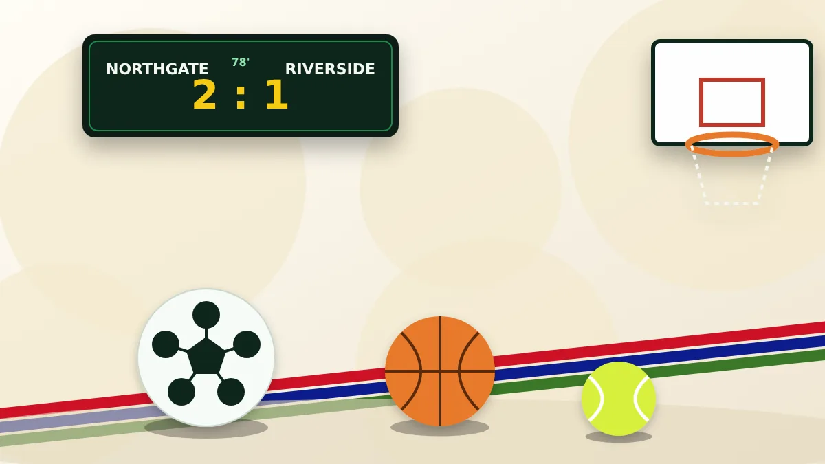 Stadium scoreboard above a football, basketball and tennis ball
