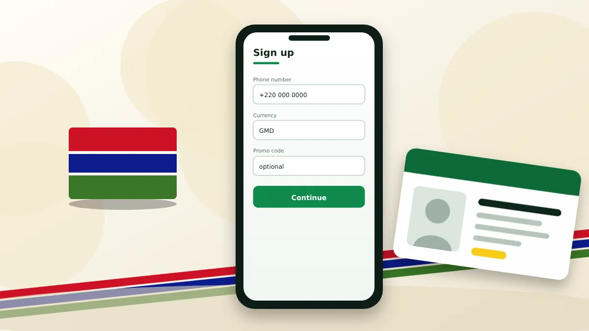 Phone with a sign-up form, an ID card and the Gambian flag